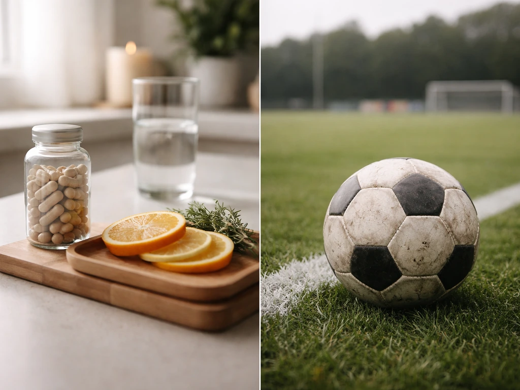 Split-screen: wellness counter with supplements left; soccer ball on grass right to avoid name confusion.