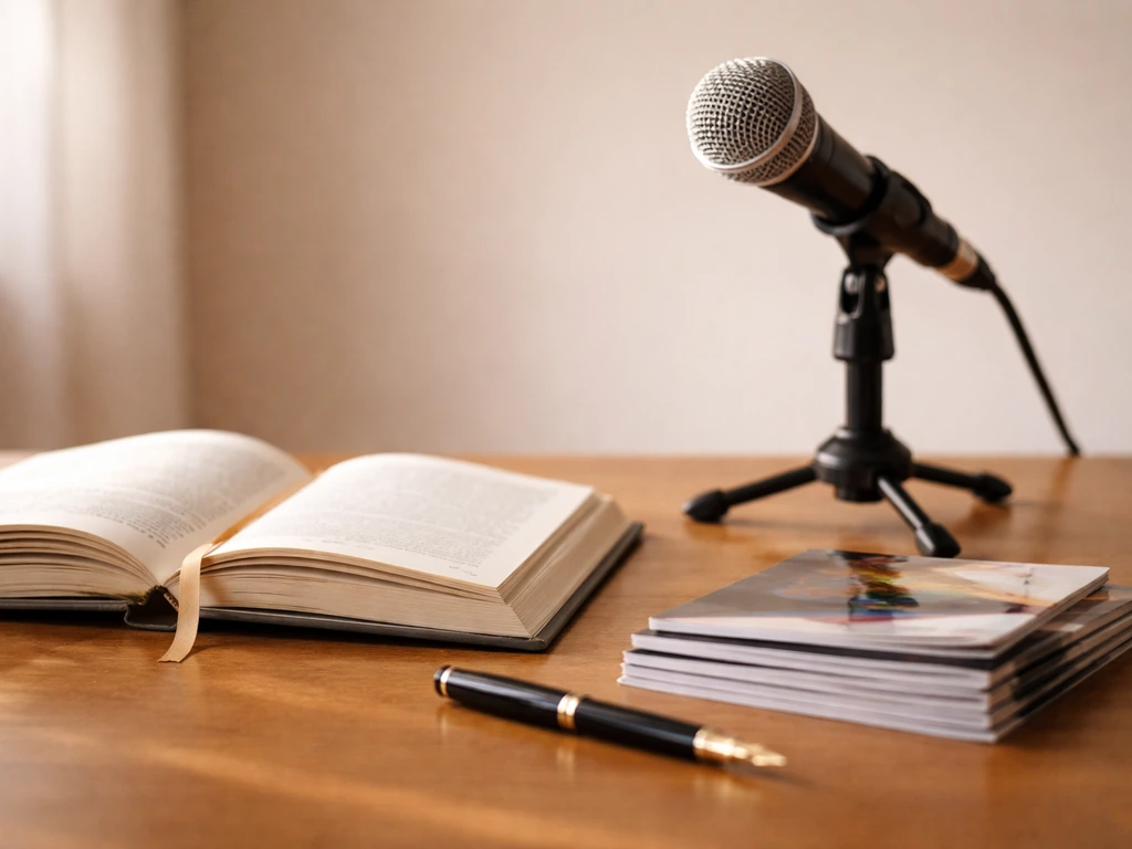 Minimal desk with an open book and microphone, suggesting royalties and paid speaking income streams.