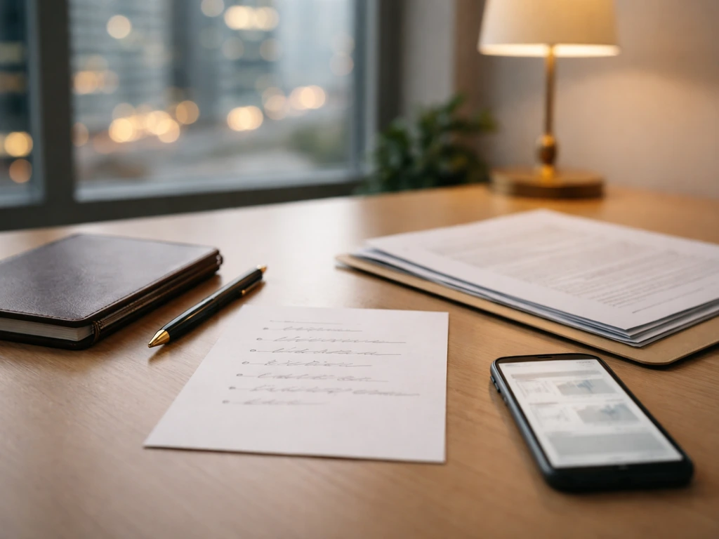 Minimal desk scene with checklist-style paper, pen, documents, and a phone suggesting source reliability checks.