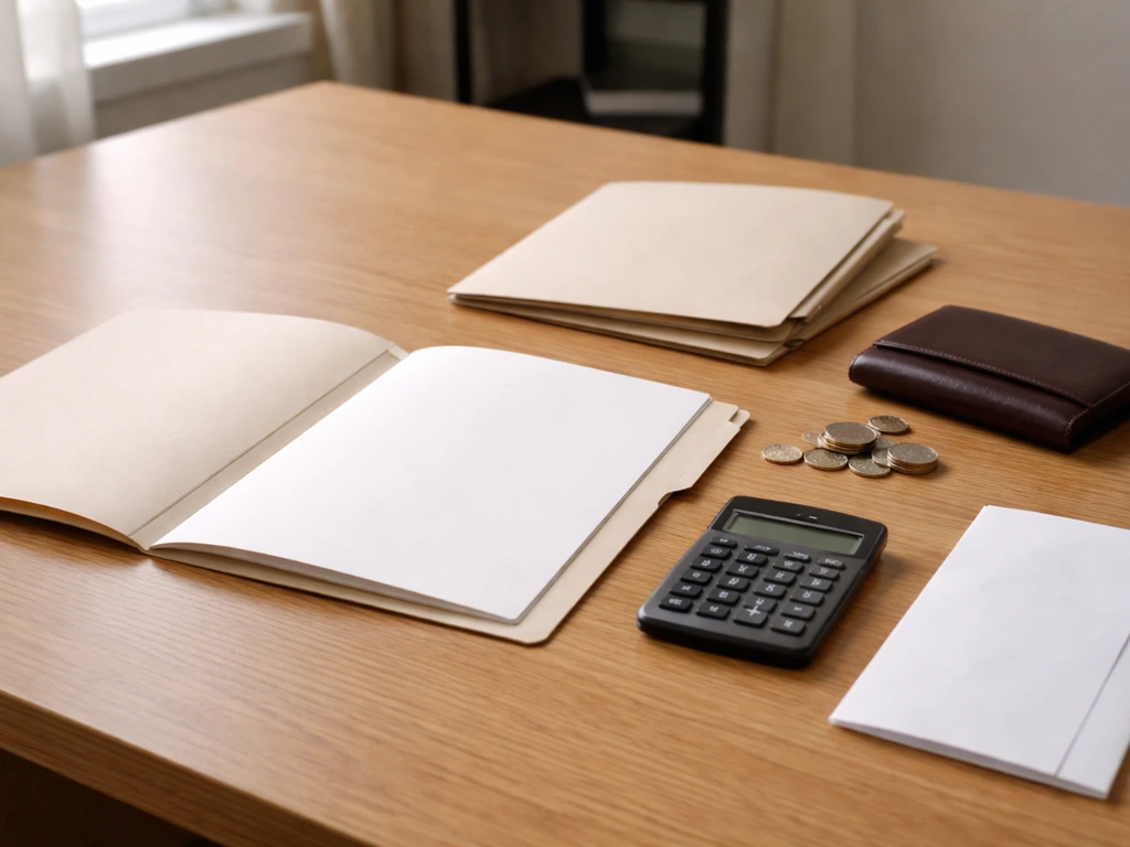 Minimal office desk with open folder and calculator, symbolizing assets versus liabilities