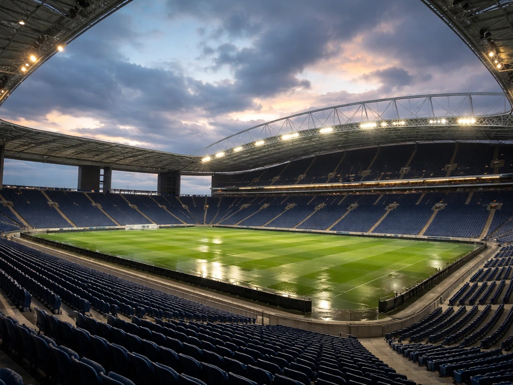 Estádio do Dragão stadium at dusk with empty stands and lights reflecting on the pitch