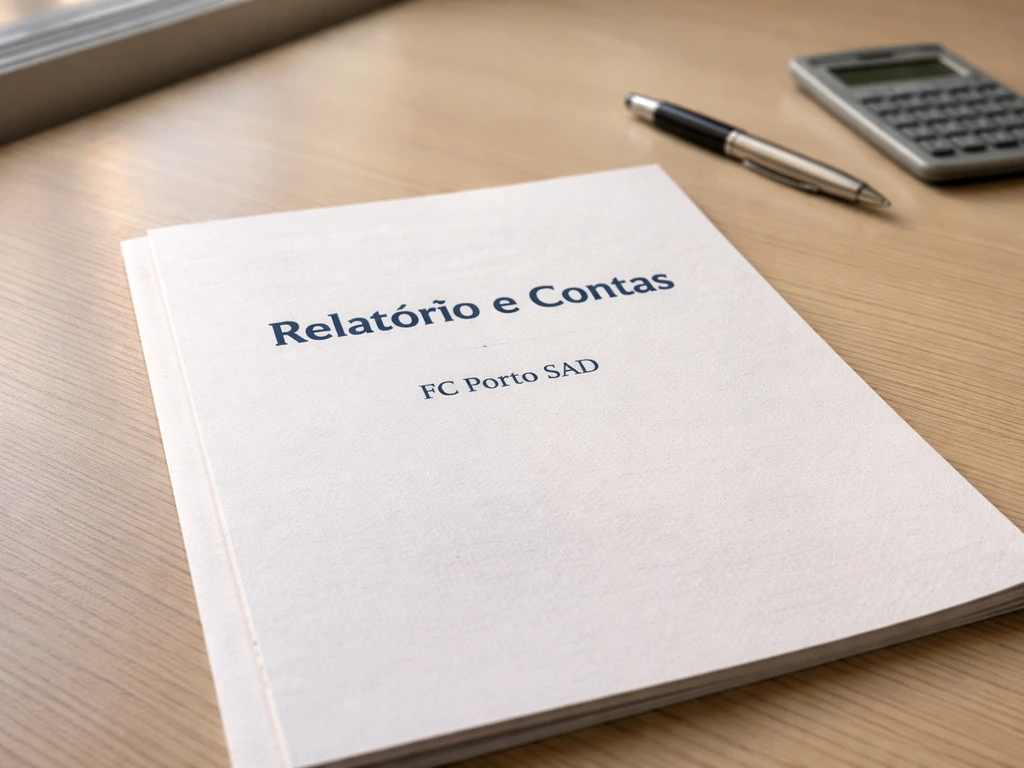Audited annual accounts document in Portuguese on a desk, with FC Porto SAD Relatório e Contas as visible cover.