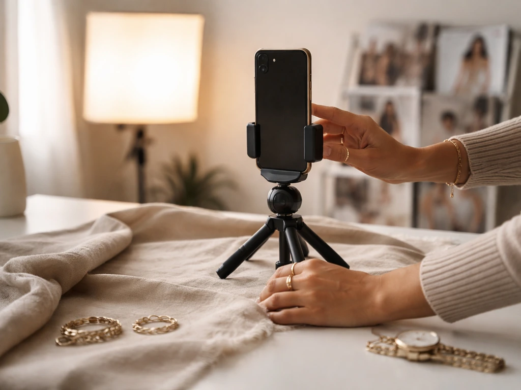 Woman’s hands adjusting a smartphone camera setup on a bright studio desk, hinting at an influencer modeling presence