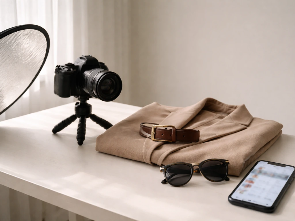 Fashion modeling shoot setup with a phone displaying a generic social media feed