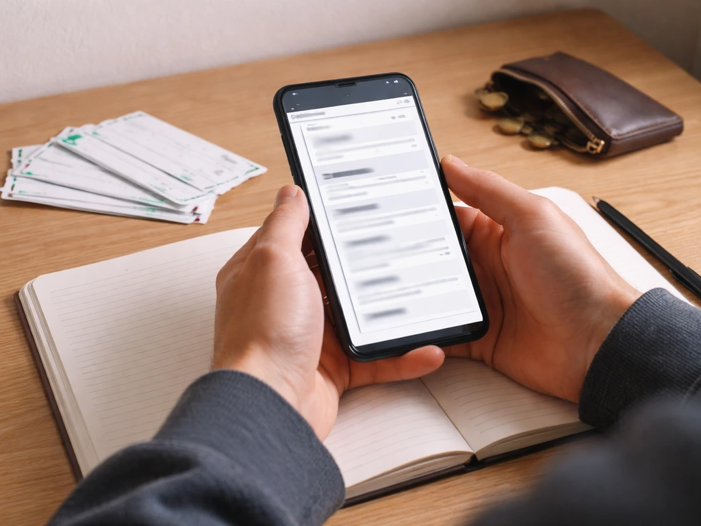 Minimal desk scene with a notebook and smartphone showing an abstract transfer timeline concept