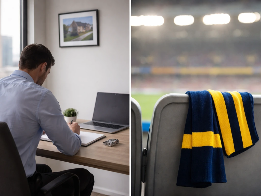 Minimal split-scene showing real-estate/media cues and a football-surname contrast without depicting any person