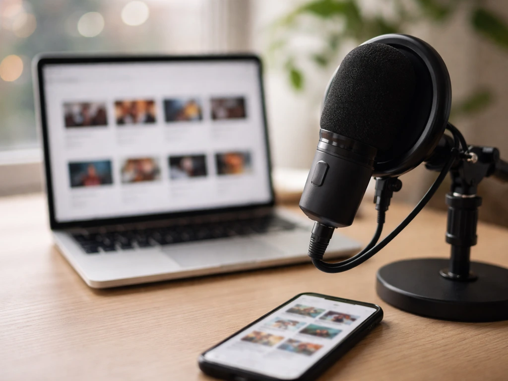 Desk scene with a podcast mic, laptop, and phone suggesting online media income streams, no identifiable person or text