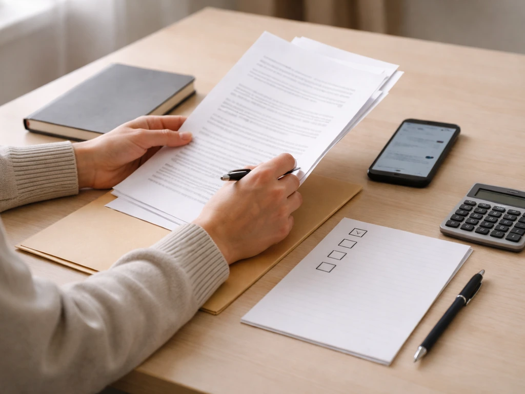 Person reviews online verification checklist on a desk with documents, phone, and calculator.