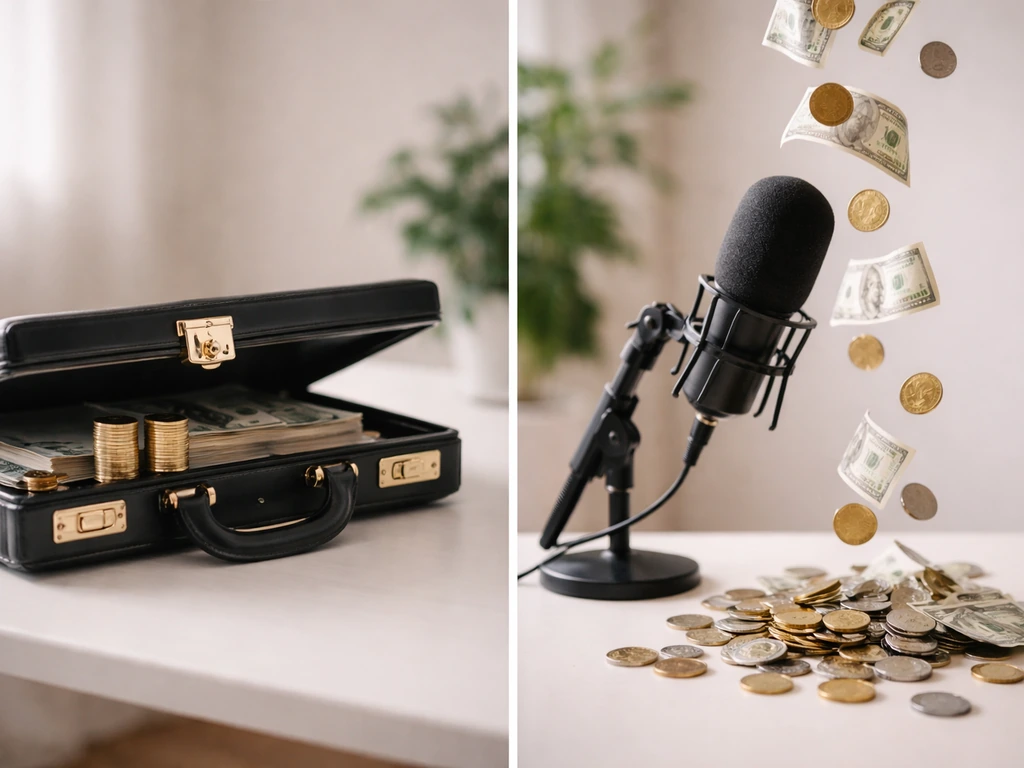 Minimal desk scene split by placement: coins in a briefcase (assets) vs coins streaming near a microphone (income).