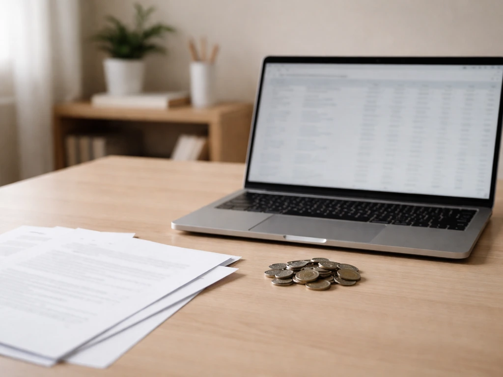 Open laptop on an office desk with coins and papers, symbolizing sources and valuation for net worth estimates.