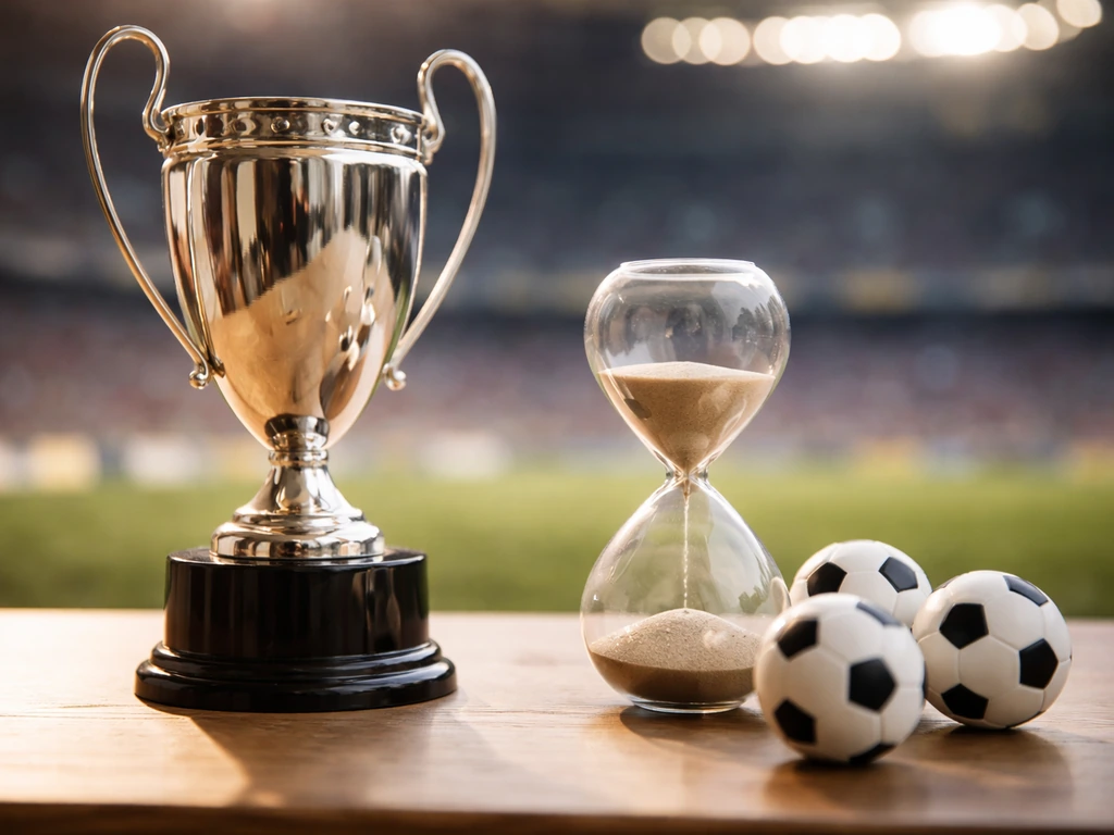 A soccer trophy and hourglass on a desk symbolize single-season earnings vs long-term wealth.