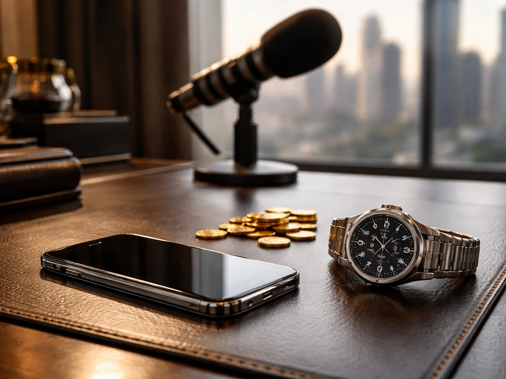 Luxury desk with microphone and gold coins, symbolizing wealth and sports media analysis, no people.