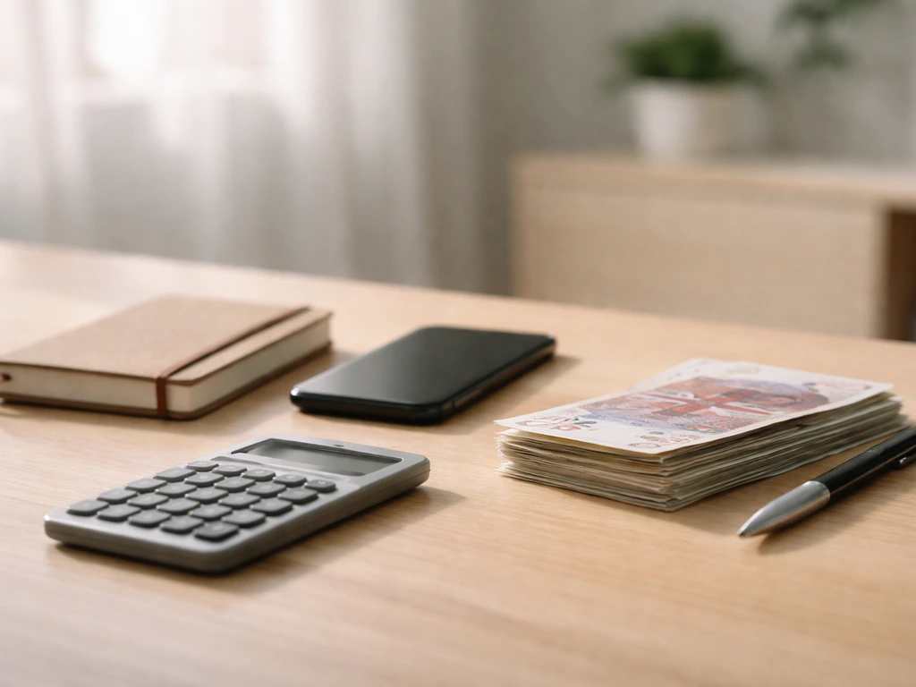 A simple desk scene with a calculator and UK pound notes symbolizing weekly-to-annual earnings