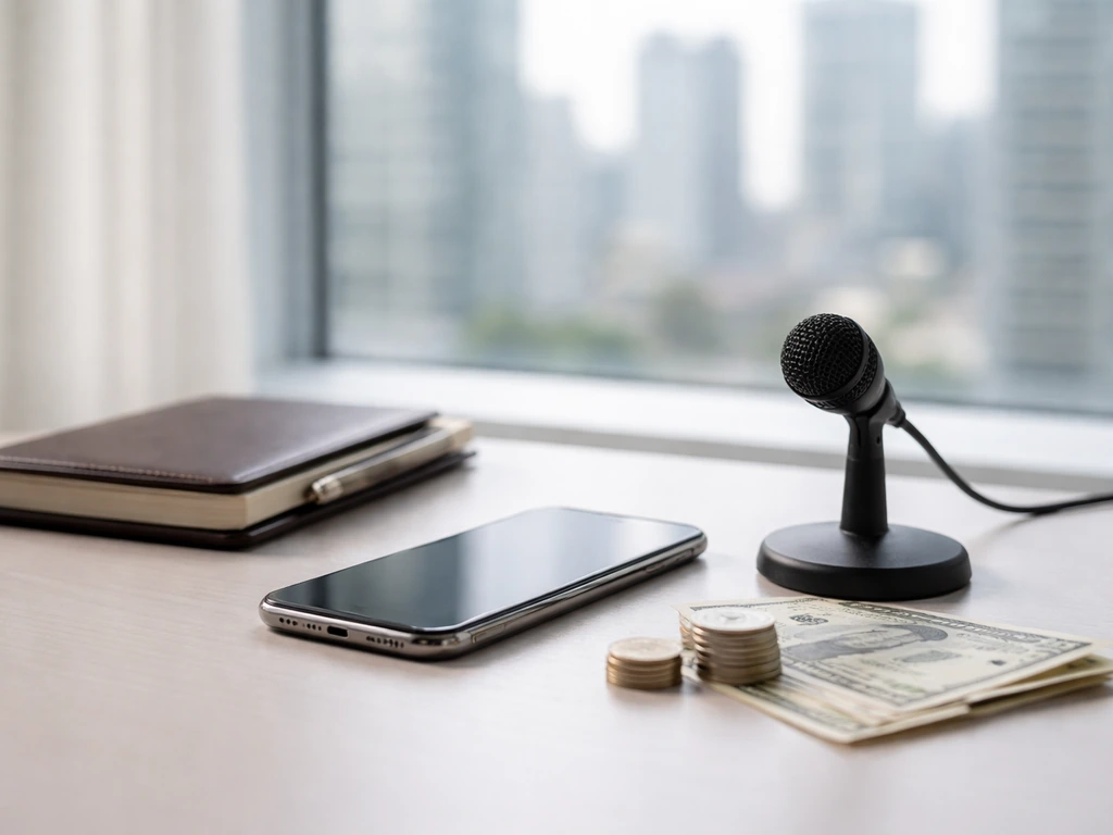Minimal desk scene with coins, cash, smartphone, and a microphone beside blurred city buildings
