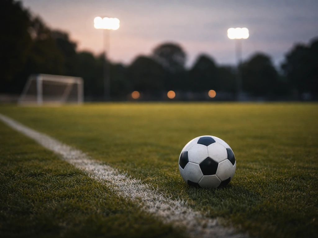 An Irish football training field at dusk with a soccer ball near the sideline, suggesting a coach’s career.
