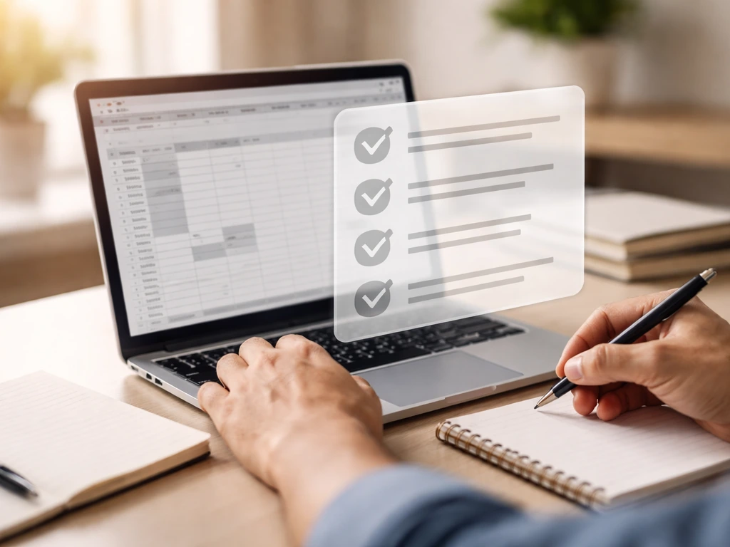 Close-up of hands comparing wage numbers on a laptop with a checklist-style verification overlay, minimal scene.