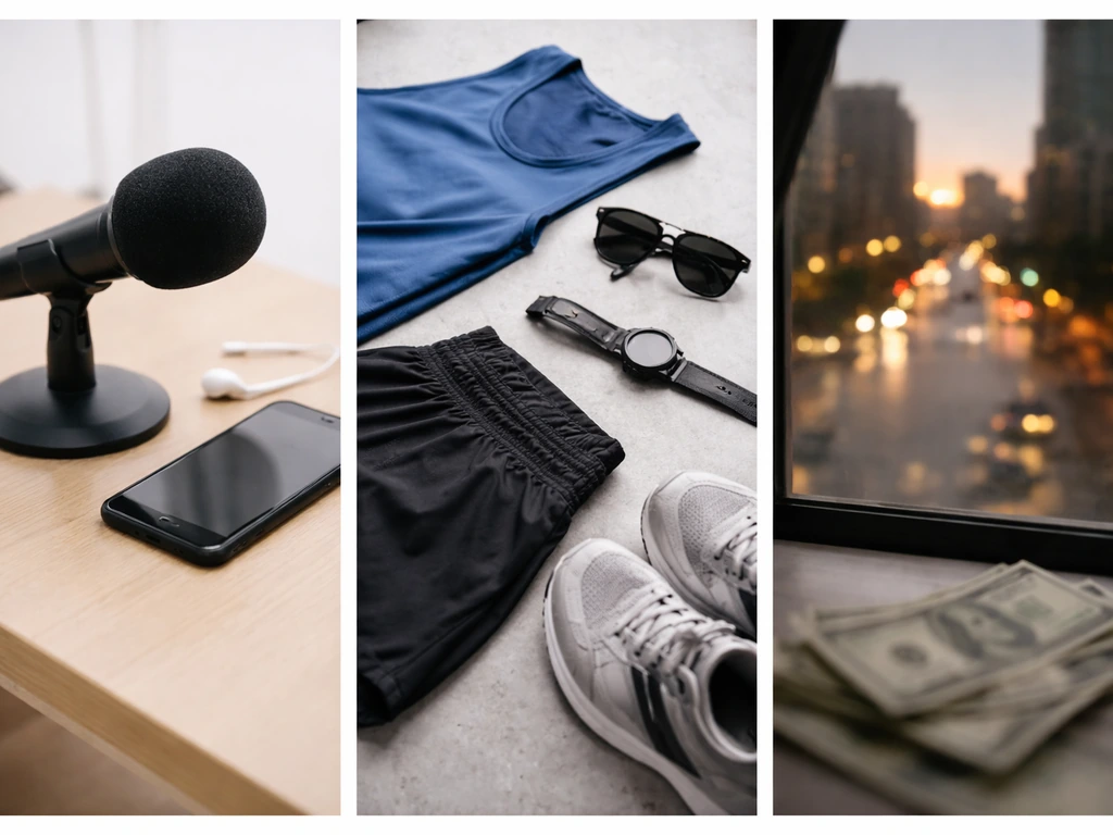 Minimal collage showing a media microphone, generic sports gear, and a city view suggesting sponsorship and media income