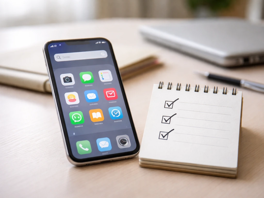 Close-up of a smartphone showing generic search icons beside a simple checklist notepad