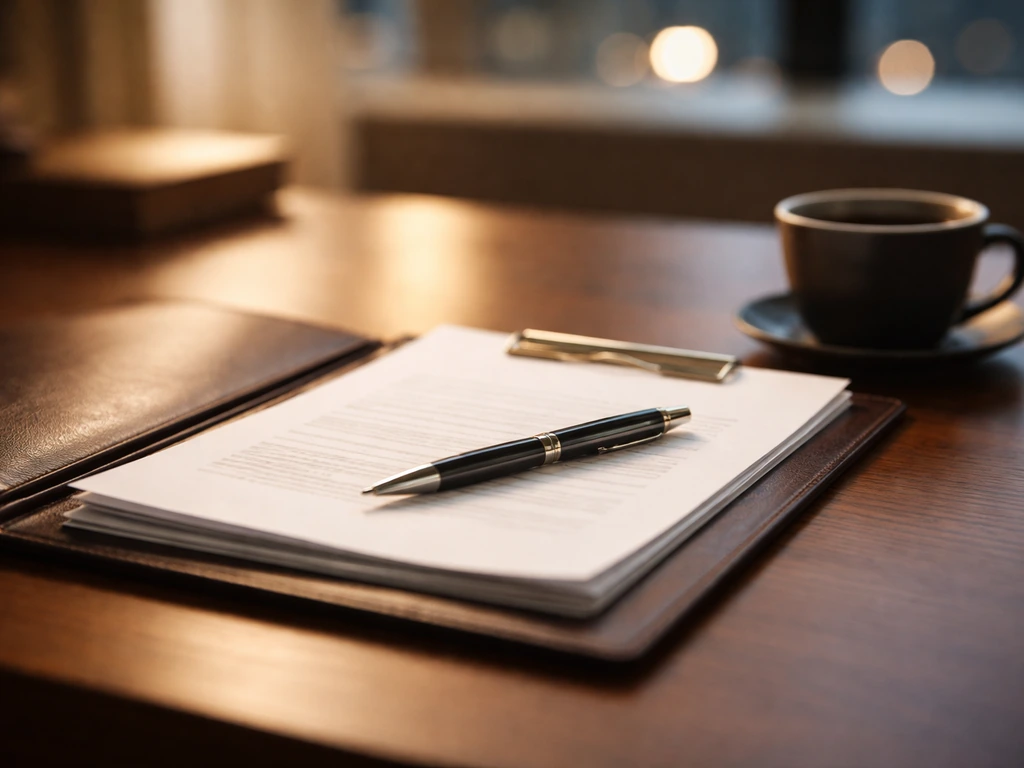 Luxury desk with a contract folder and pen, symbolizing a club salary figure in a clean, minimal setting.