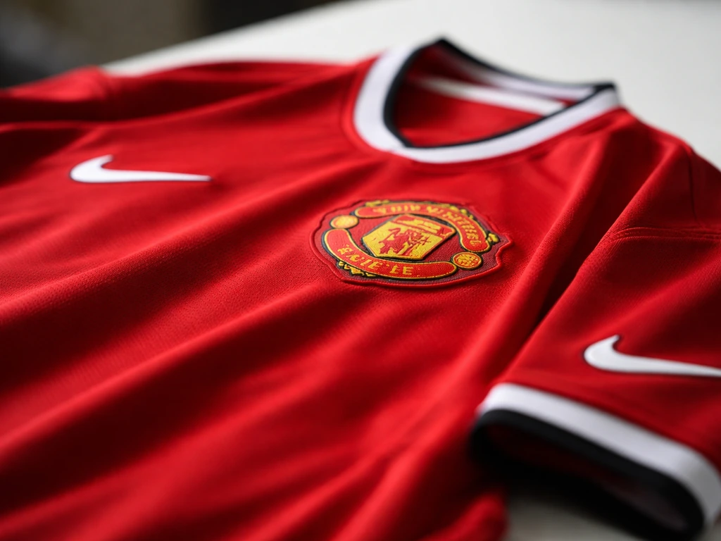 Close-up of Manchester United-style red football kit with Nike swoosh branding cues