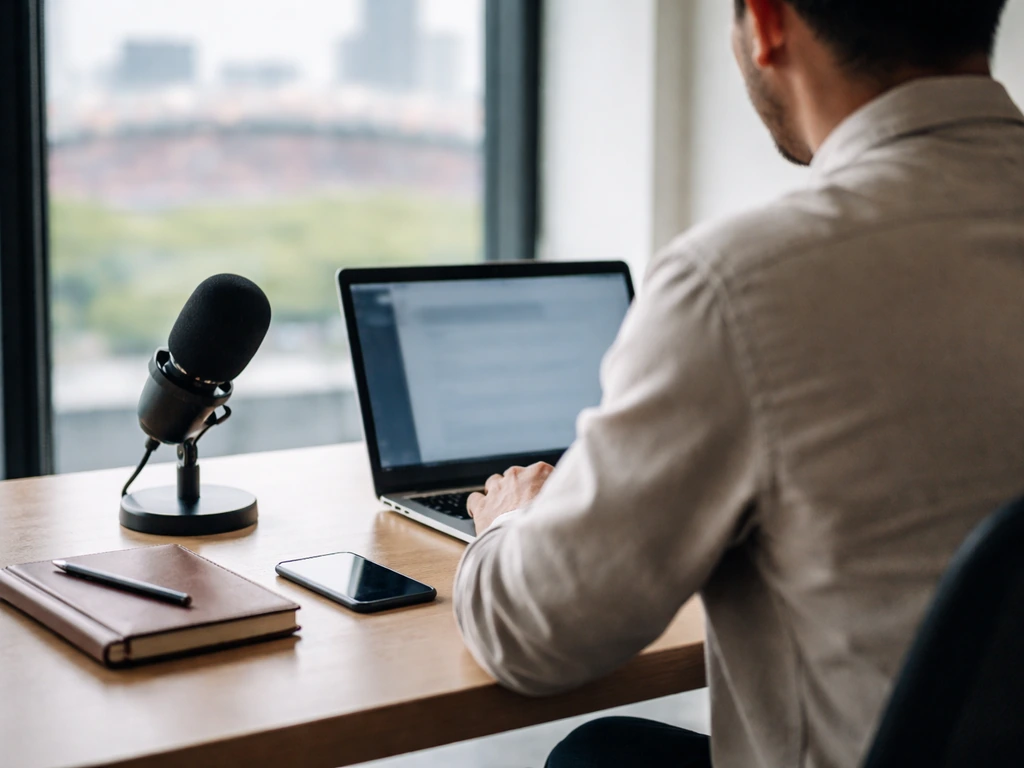 Anonymous finance analyst at a desk with laptop and microphone in a quiet office, symbolic of salary comparison