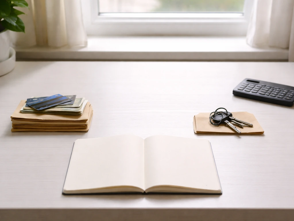 Minimal desk scene with separate items symbolizing assets and debt to represent net worth.