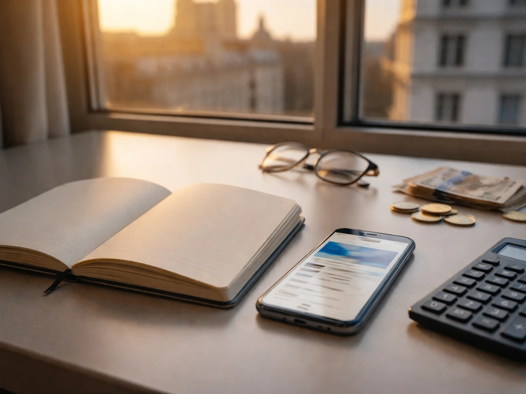 Minimal London office desk with calculator, coins, and blurred finance phone feed suggesting reduced take-home pay.