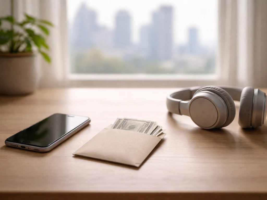 Minimal photo of a smartphone, small cash envelope, and headphones on a desk beside a blurred city view.