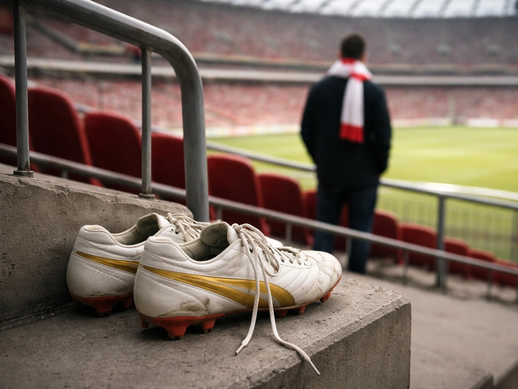 Empty Polish stadium scene with football boots and subtle red-white scarf colors, no identifiable player face.