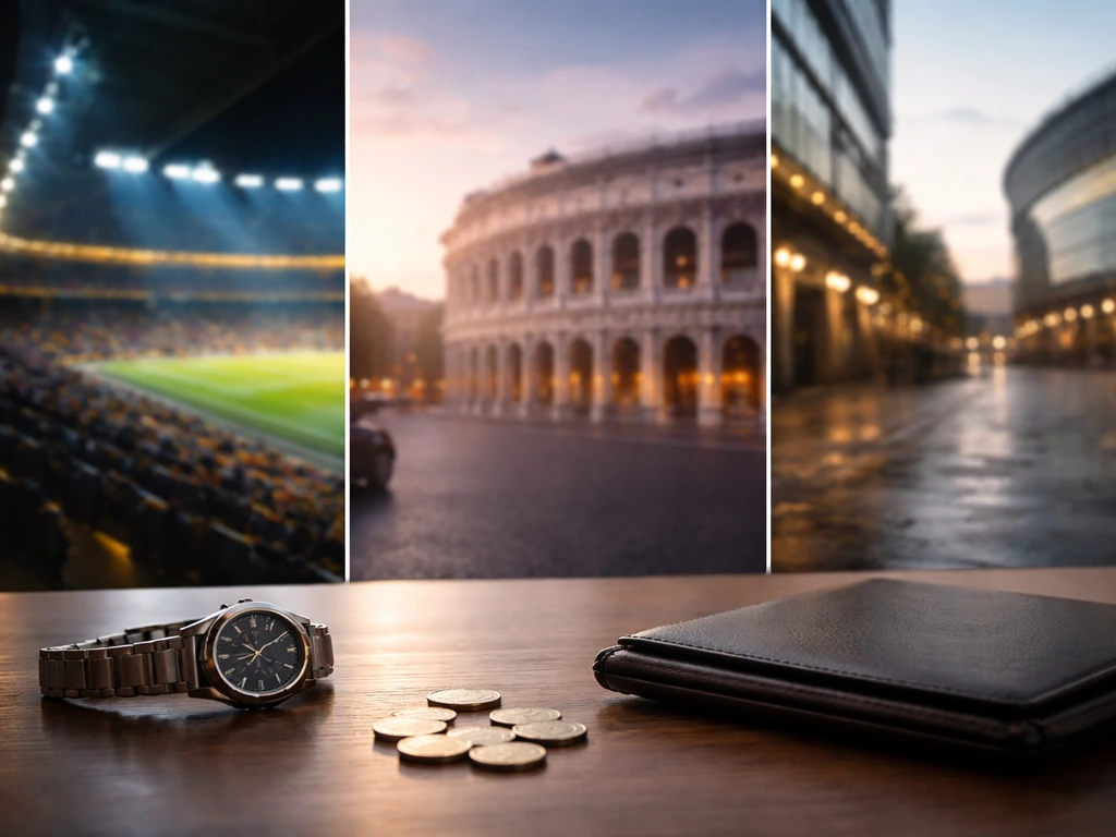 Minimal symbolic football career earnings timeline with blurred club-style stadium scenes and money cues