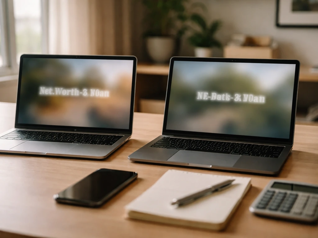 Side-by-side laptops on a desk with blurred finance figures, symbolizing conflicting net-worth estimates.