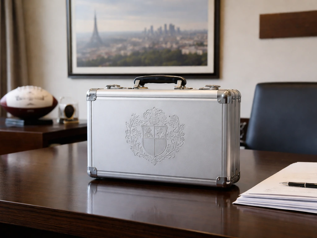 Luxury Paris office desk with a crest-embossed briefcase and blank documents, hinting at sports investment ownership.