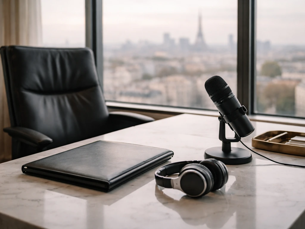 Luxury Paris office desk with portfolio, microphone, and headphones suggesting elite finance ownership.