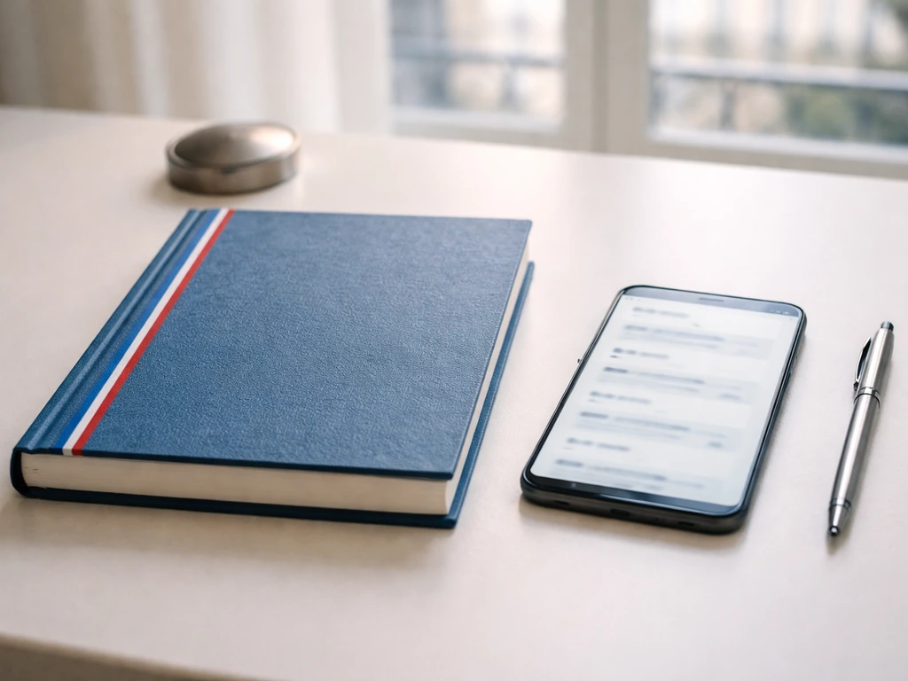 Close-up of an official-looking French business registry book and a smartphone showing blank result cards
