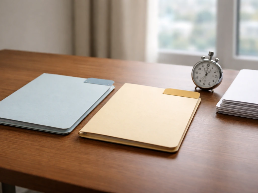 Minimal office scene with two stacked folders labeled by color tabs for early vs peak career stages