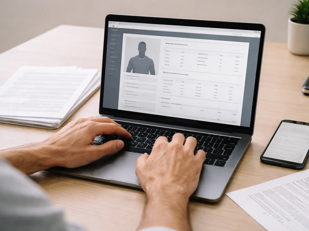 Person at desk comparing an anonymous official player profile on a computer with separate records in hand.
