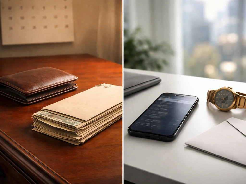 Minimal split scene suggesting then vs now: wallet and cash envelopes beside modern office items.
