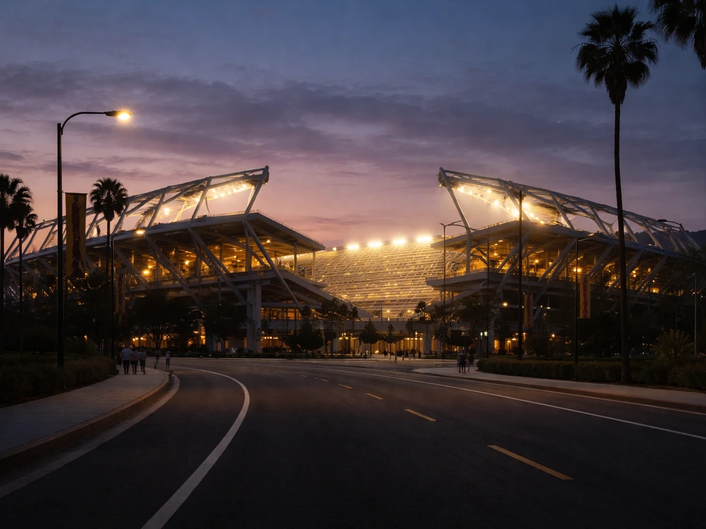 Dusk exterior of Snapdragon Stadium with warm lights and subtle purple-gold accents, no readable text.