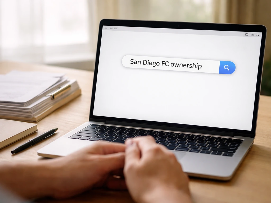 Closeup of a laptop with finance sources and a search bar for credible SDFC ownership data.