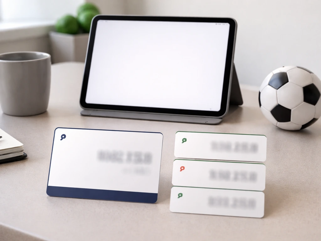 Minimal office desk with a tablet and blank placeholder cards arranged in two columns beside a soccer ball.