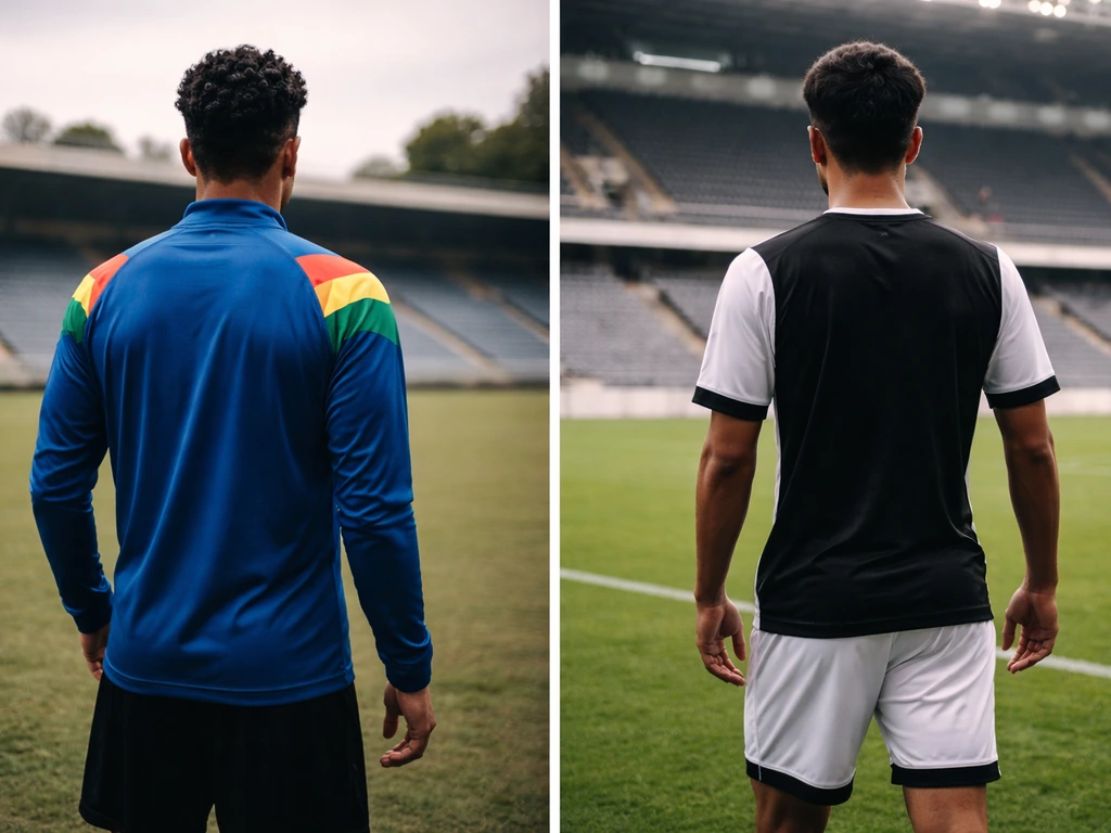 Split-screen shows two non-identifiable football silhouettes in different kits and stadium settings to avoid confusion.