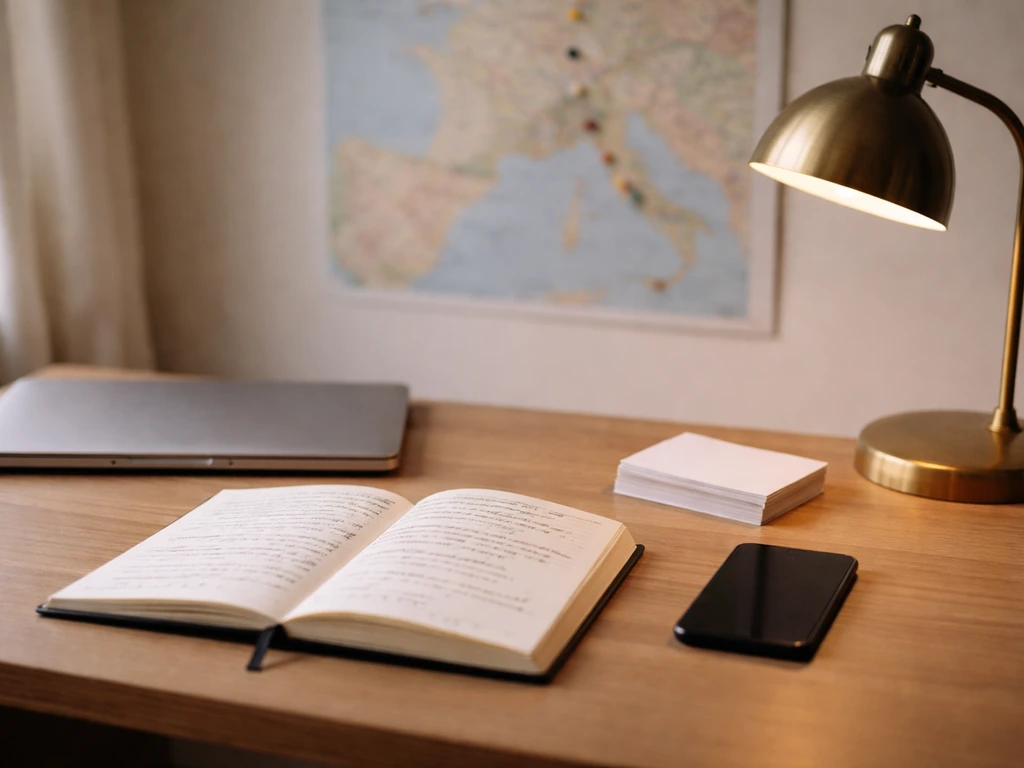 Minimal home office desk with an out-of-focus Europe map and a few colored pins suggesting career travel.