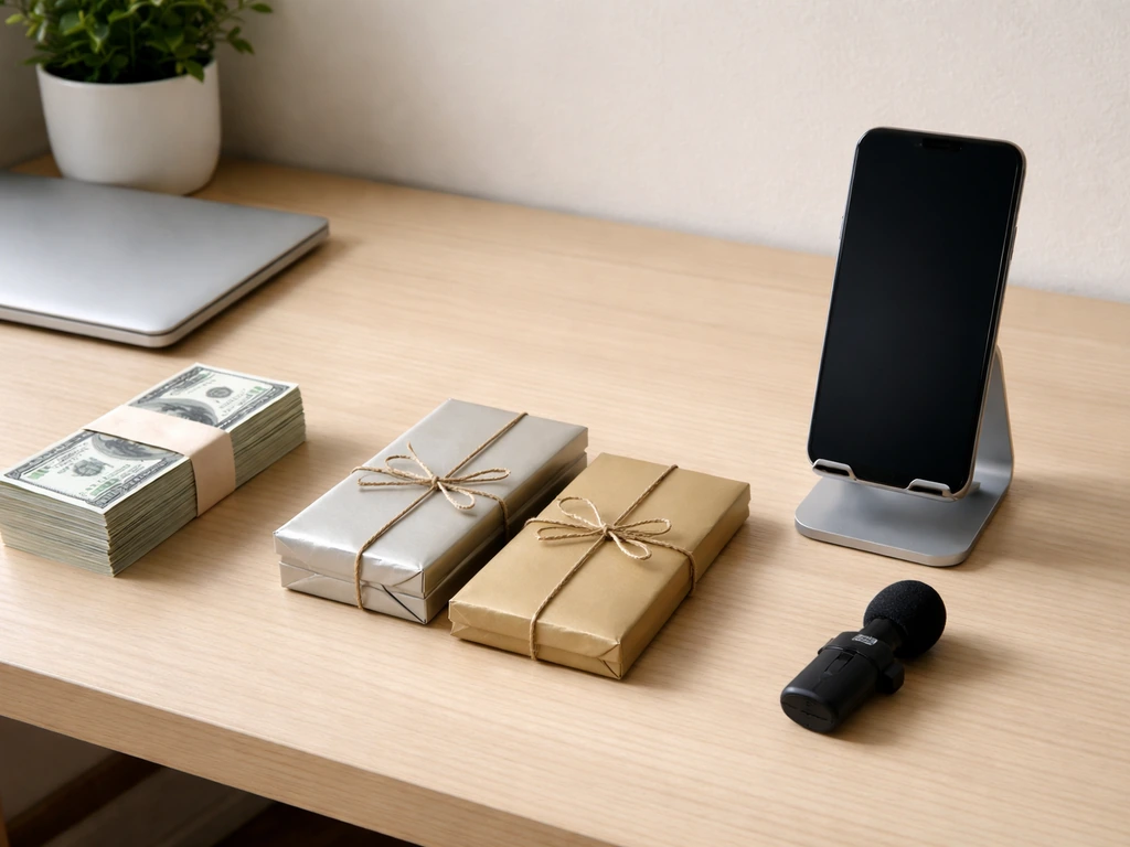 Minimal office desk with three separated stacks of envelopes and small media gear symbolizing income streams.