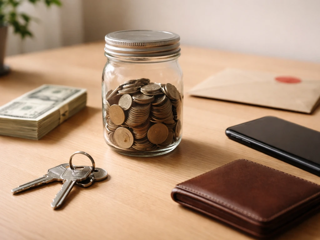 Minimal desk scene symbolizing net worth: cash, notebook, and a home key beside a clear glass jar