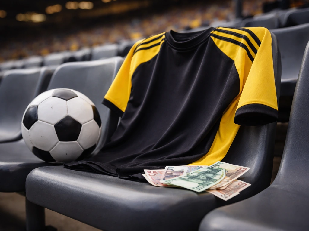 Empty Borussia Dortmund-style match-day kit laid on a seat with a football and scattered euros nearby