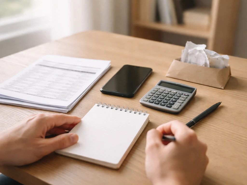Minimal desk scene with a notebook, calculator, and smartphone suggesting net-worth estimation workflow.
