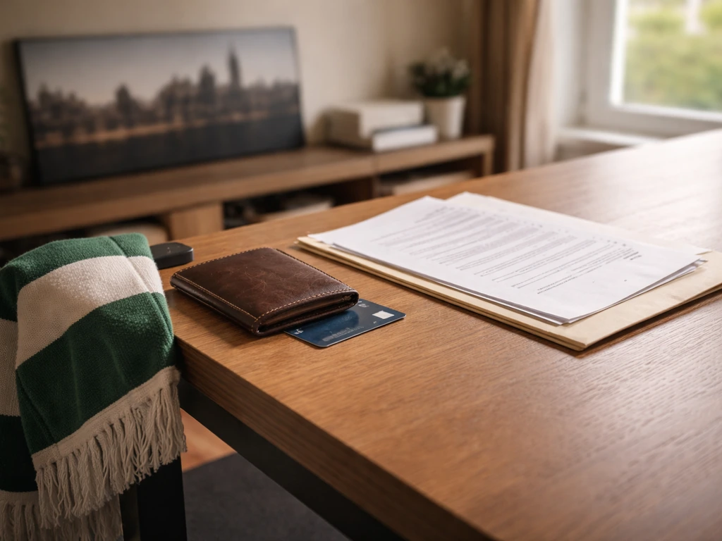 Minimal photo of a football-themed investment desk scene with a framed match scarf and payment documents, symbolic of ea