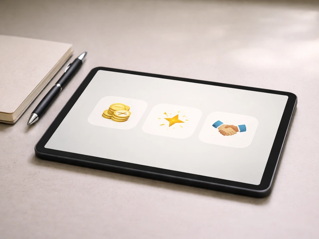 Minimal desk scene with three simple segmented icons suggesting salary, bonuses, and endorsements.
