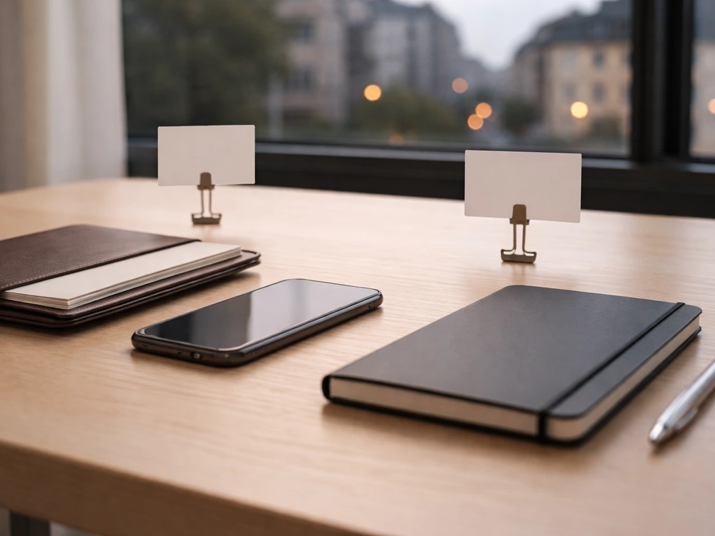 Minimal desk scene with smartphone, blank notebook, and two blank cards clipped to suggest changing money over time.