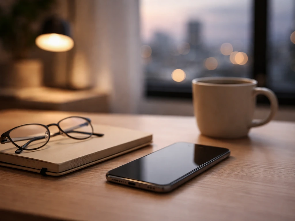 Minimal desk scene with phone, notebook, glasses, and city view suggesting verification of net worth information.